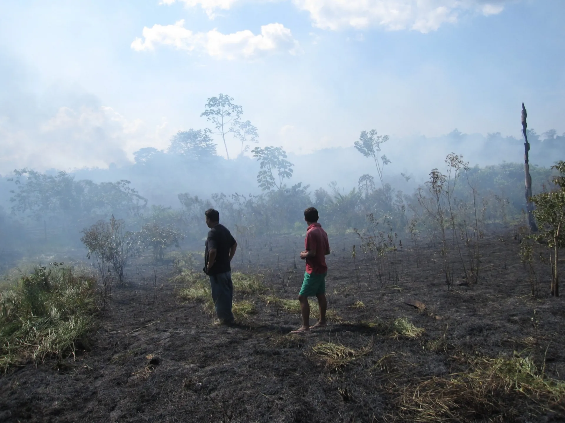 Farmers at the site of a fire set to clear land for agriculture near Pucallpa, Peru. Credit: Kevin Krajick